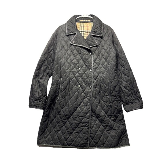 Burberry Black Diamond Quilted Leather Trim Snap Front Jacket Coat Size L Belted - Picture 1 of 16